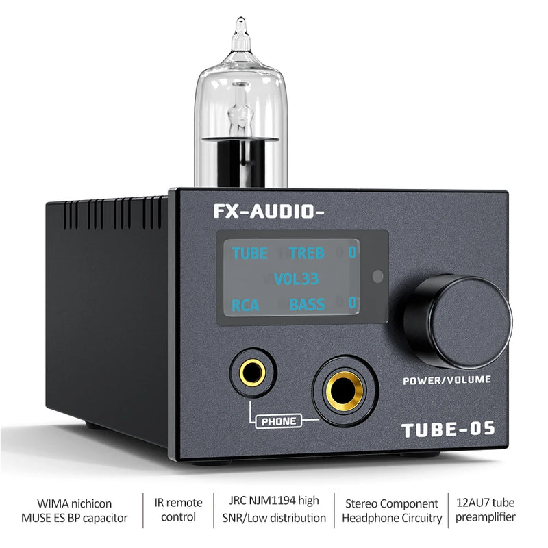 FX-Audio- TUBE-05 HiFi Vacuum 12AU7 Tube Headphone amp Bass Treble EQ Preamp, for 30-600Ω Headphone, with Remote Control