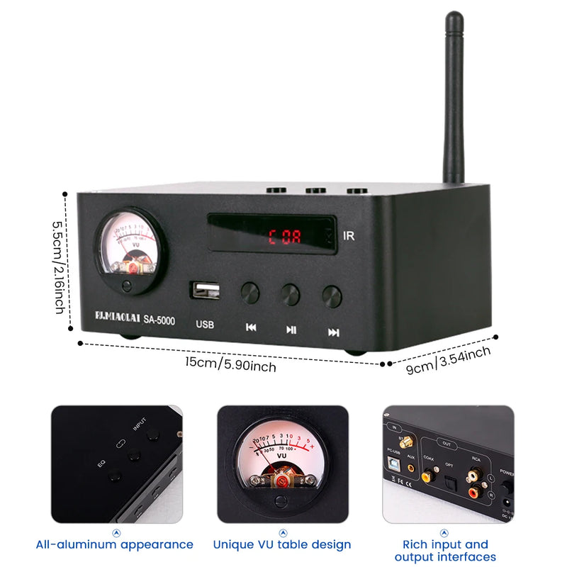 PJ. MIAOLAI SA-5000 HiFi Bluetooth 5.0 Audio Receiver USB AUX RCA Fiber Coaxial U Disk Decoder Amplifier Bluetooth music player