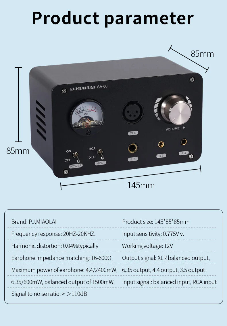 PJ. MIAOLAI SA-60 4.4 Fully Balanced Output Amp TPA6120 High-Fidelity Desktop Headphone Amplifier NE5532 XLR Input With VU Meter