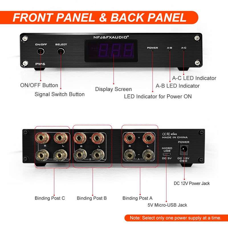 FX AUDIO PW-6 Speaker Selector Audio Switch 1-in-2-out/ 2-in-1-out Pair Stereo Passive Speaker Distribution Controller