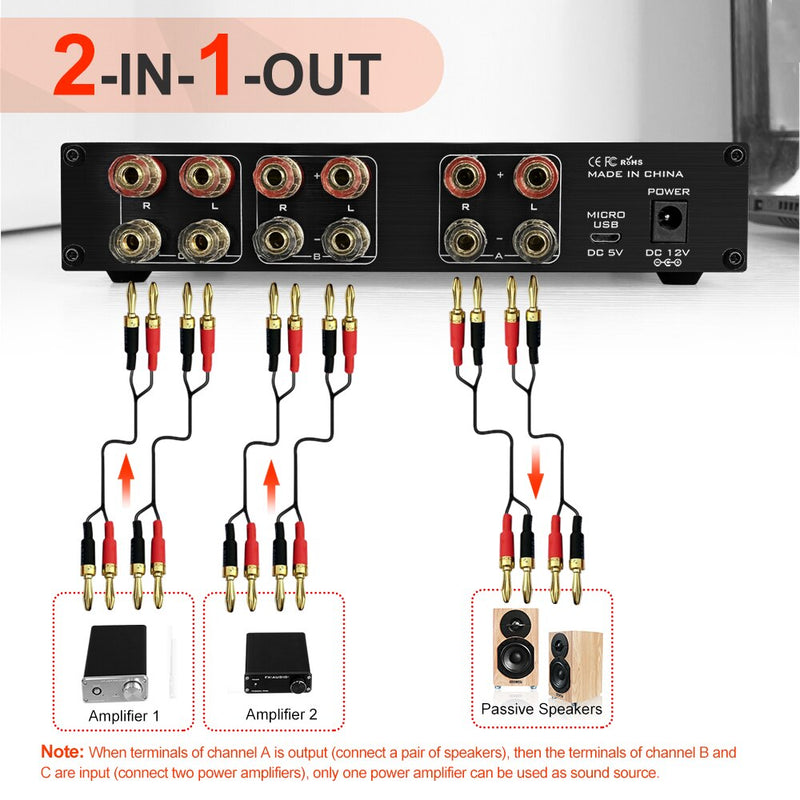 FX AUDIO PW-6 Speaker Selector Audio Switch 1-in-2-out/ 2-in-1-out Pair Stereo Passive Speaker Distribution Controller