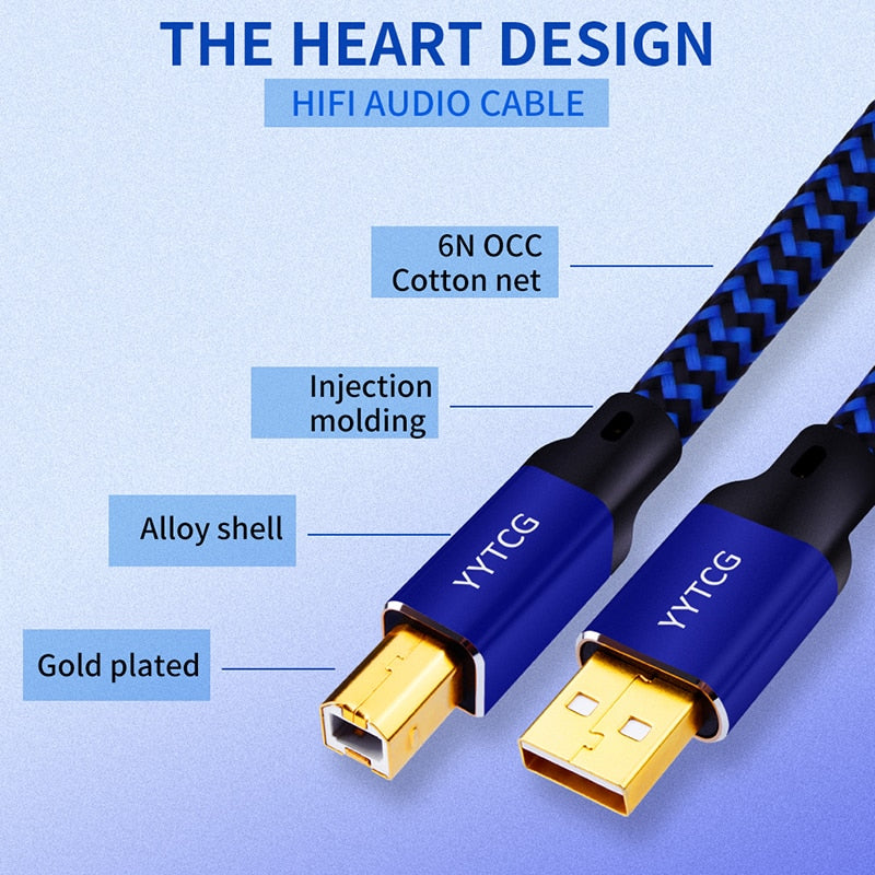 YYTCG Hifi USB Cable DAC A-B Alpha 6N OCC Digital AB Audio A to B high-end Type A to Type B Hifi Data Cable
